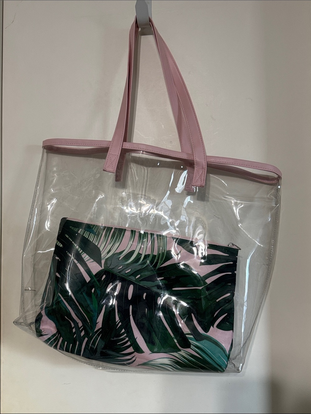 Clear Tote Bag with Pink Trim and Tropical Pouch
